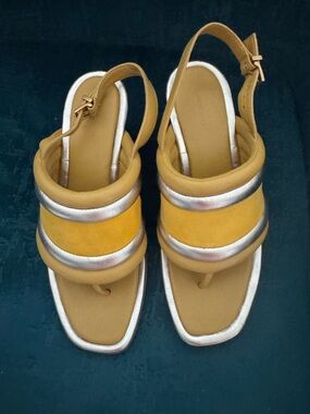 Tory Burch Mustard Yellow and Silver Padded Slingback Wedge Sandals